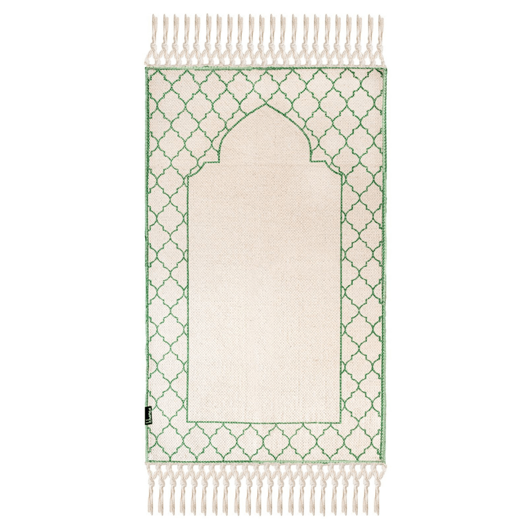 Khamsa Comfort | Muslim Prayer Rug Prayer Mat with Added Foam Padding for Pressure Relief and Motion Absorption Children Size 55 cm x 100 cm Arabic Style Janamaz in 100% Soft Organic Cotton Fabric Handcrafted Arabic Design | Akhdar - Green