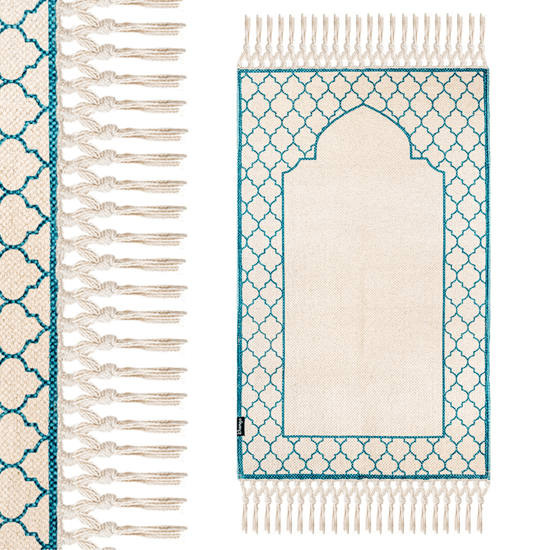 Khamsa Comfort | Muslim Prayer Rug Prayer Mat with Added Foam Padding for Pressure Relief and Motion Absorption Children Size 55 cm x 100 cm Arabic Style Janamaz in 100% Soft Organic Cotton Fabric Handcrafted Arabic Design | Azraq - Blue
