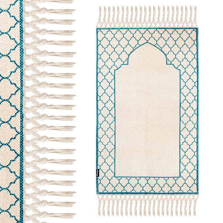 Khamsa Comfort | Muslim Prayer Rug Prayer Mat with Added Foam Padding for Pressure Relief and Motion Absorption Children Size 55 cm x 100 cm Arabic Style Janamaz in 100% Soft Organic Cotton Fabric Handcrafted Arabic Design | Azraq - Blue