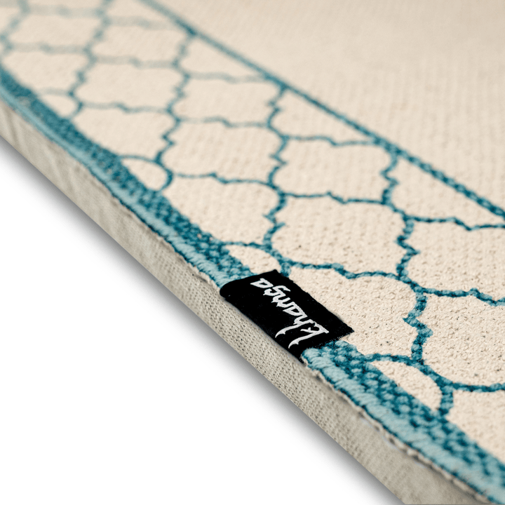 Khamsa Comfort | Muslim Prayer Rug Prayer Mat with Added Foam Padding for Pressure Relief and Motion Absorption Children Size 55 cm x 100 cm Arabic Style Janamaz in 100% Soft Organic Cotton Fabric Handcrafted Arabic Design | Azraq - Blue