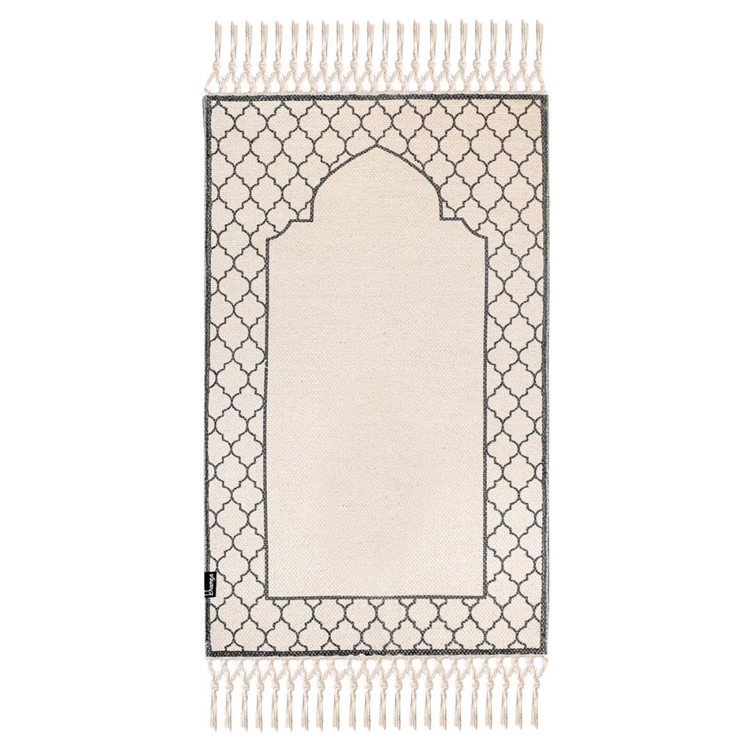 Khamsa Comfort | Muslim Prayer Rug Prayer Mat with Added Foam Padding for Pressure Relief and Motion Absorption Children Size 55 cm x 100 cm Arabic Style Janamaz in 100% Soft Organic Cotton Fabric Handcrafted Arabic Design | Ramadi - Grey
