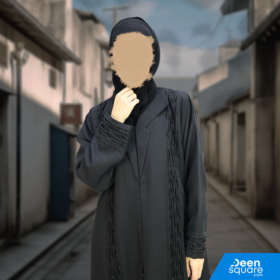Elegant Coat Style With Beads Abaya - Black