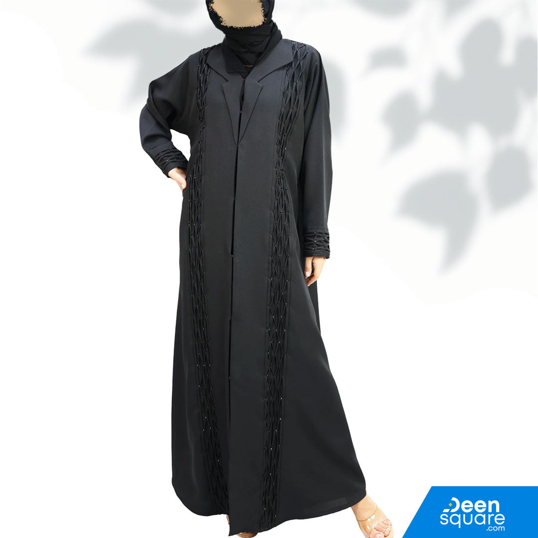 Elegant Coat Style With Beads Abaya - Black