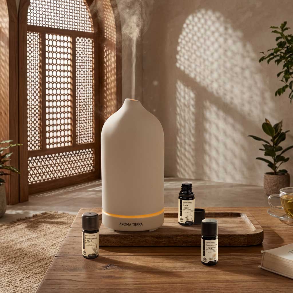 Santorini Gift Set - Ceramic Diffuser &amp; 3 Essential Oils- Aroma Tierra