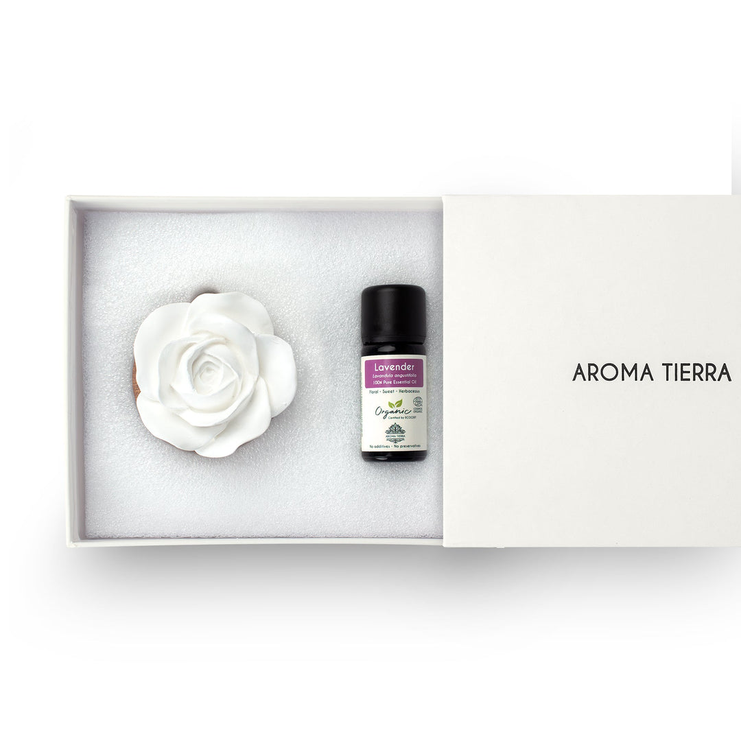 cera flora wood ceramic diffuser set with lavender essential oil in gift box