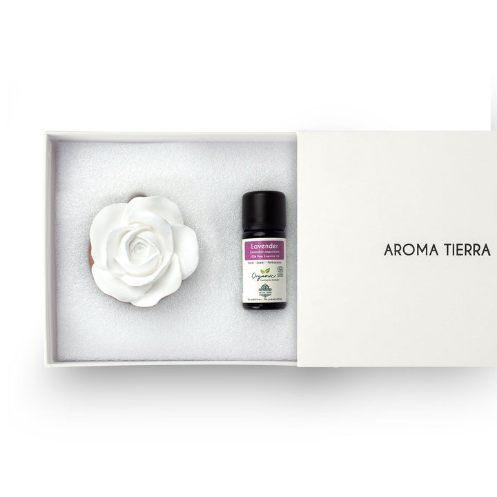 cera flora wood ceramic diffuser set with lavender essential oil in gift box