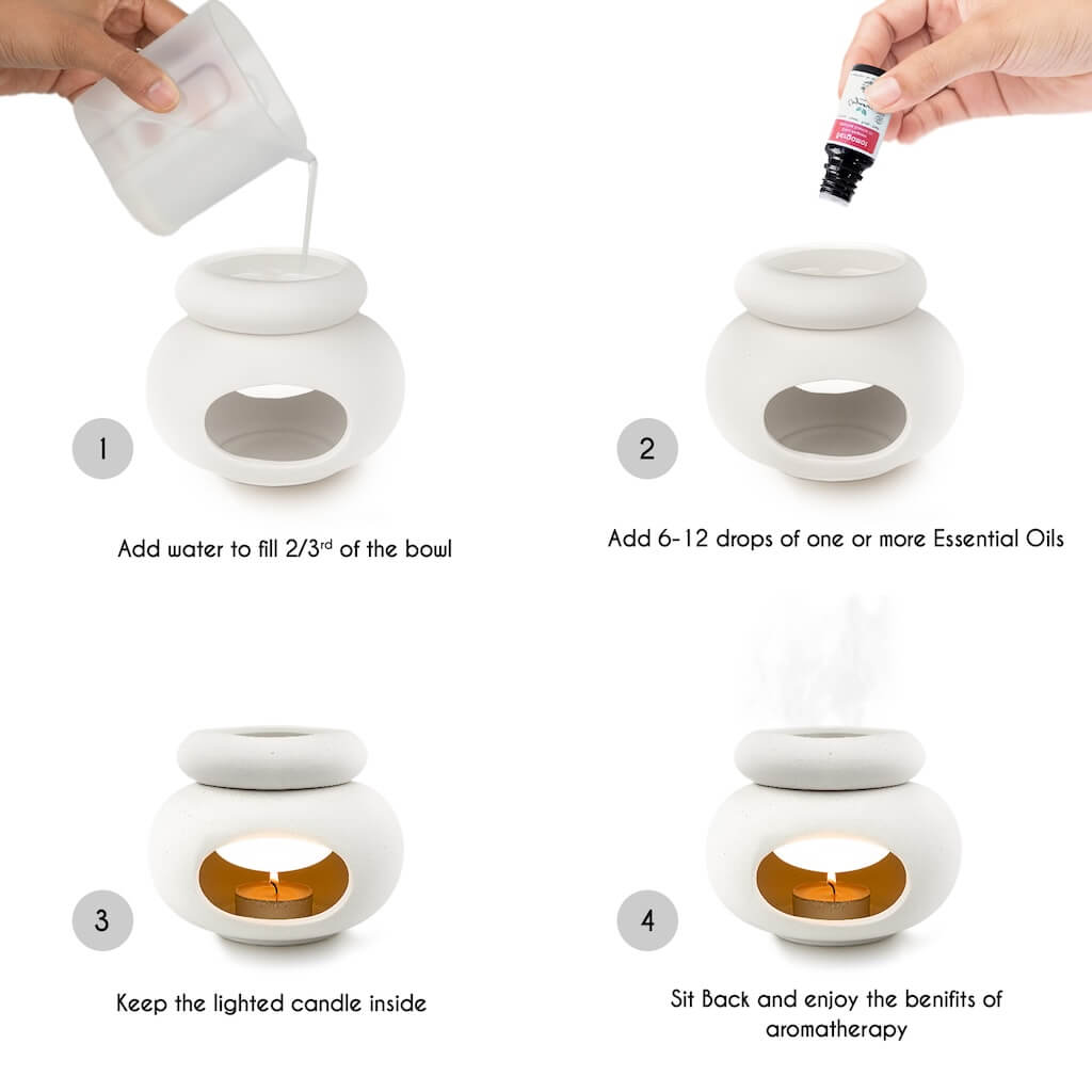 How to use Aroma Tierra Lona ceramic candle burner — add water, essential oils, light candle and enjoy aromatherapy