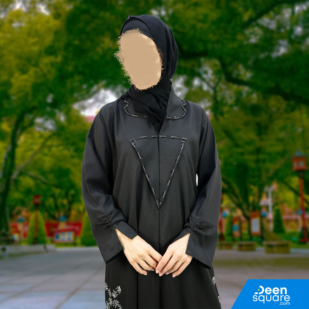 Elegant Coat Style With Beads Abaya (Floral Design) - Black
