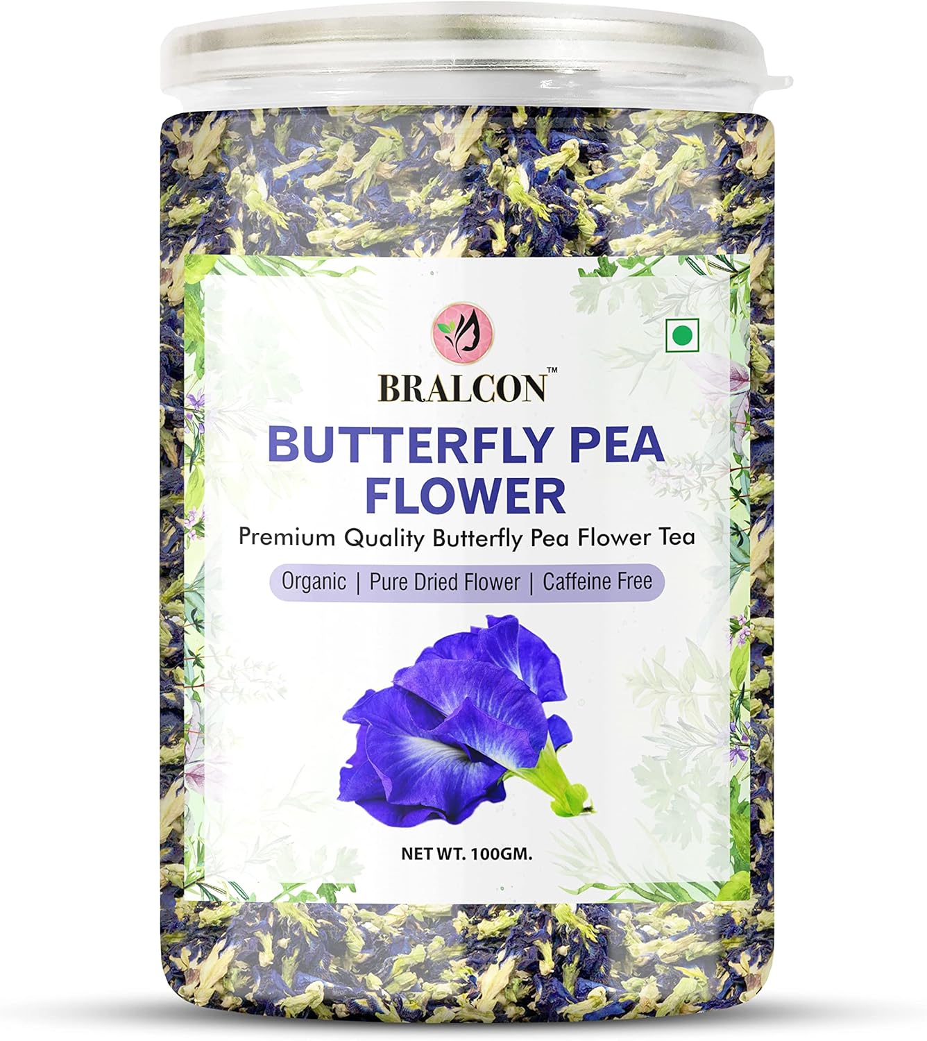 BRALCON Organic Butterfly Pea Flower Tea- 100g | 100% Natural Herbal Tea Leaves | Blue Pea Tea | Whole Leaf Tea | Reduce stress & anixety | Steep as Hot or Iced Tea