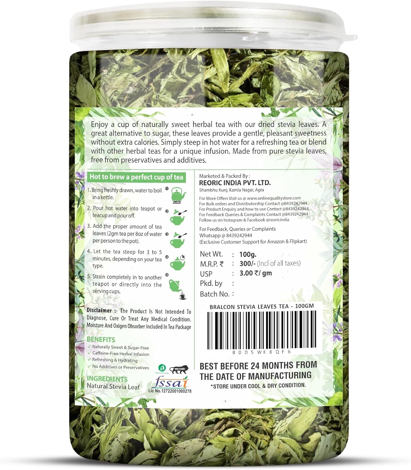 BRALCON stevia leaves dry 100g natural sugarfree sweetener