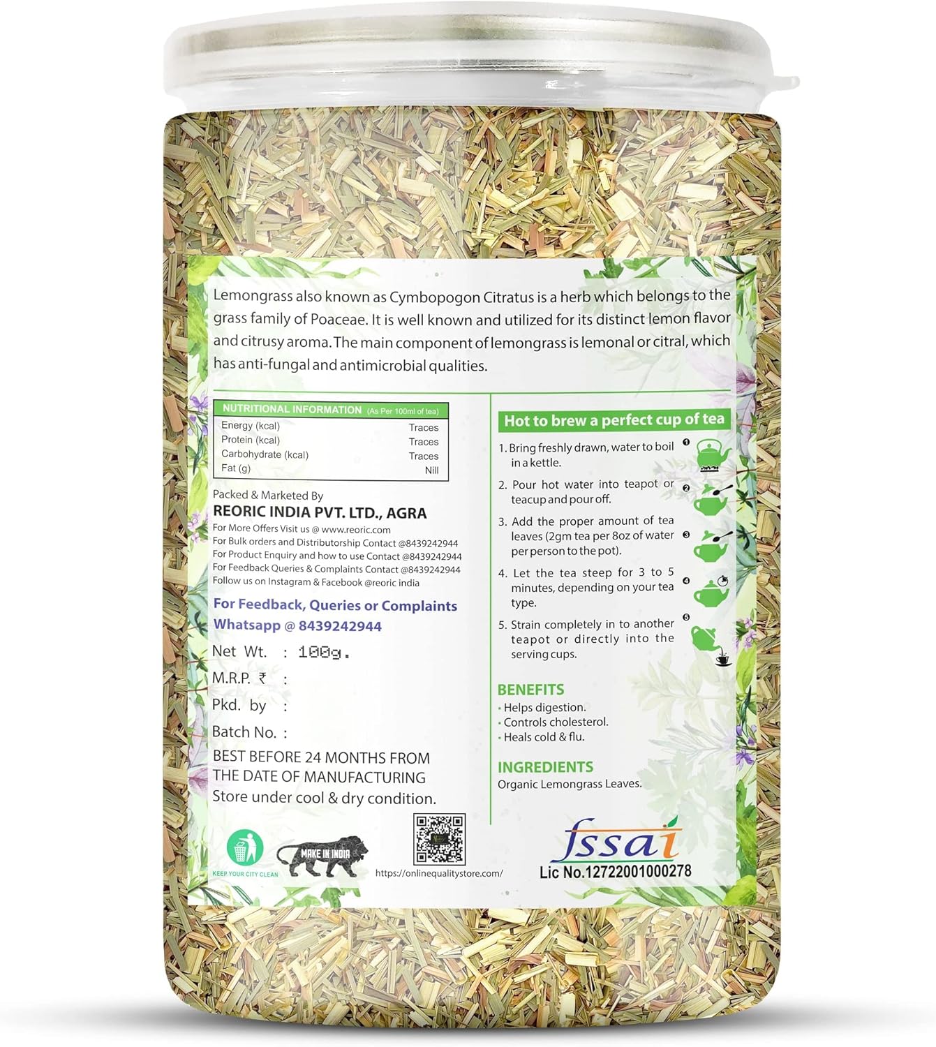BRALCON organic lemongrass herbal tea 100g natural leaves