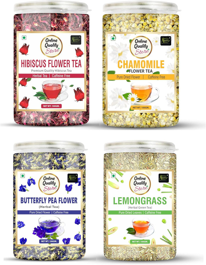 Online Quality Store Hibiscus Flower Tea, Butterfly Pea, Chamomile, Lemongrass - 100gm Each (4 X 100 gm) Total 400 gm