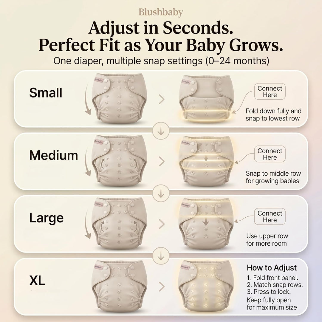 Premium reusable cloth diapers with adjustable sizing, leak-proof design and absorbent inserts for babies and toddlers.