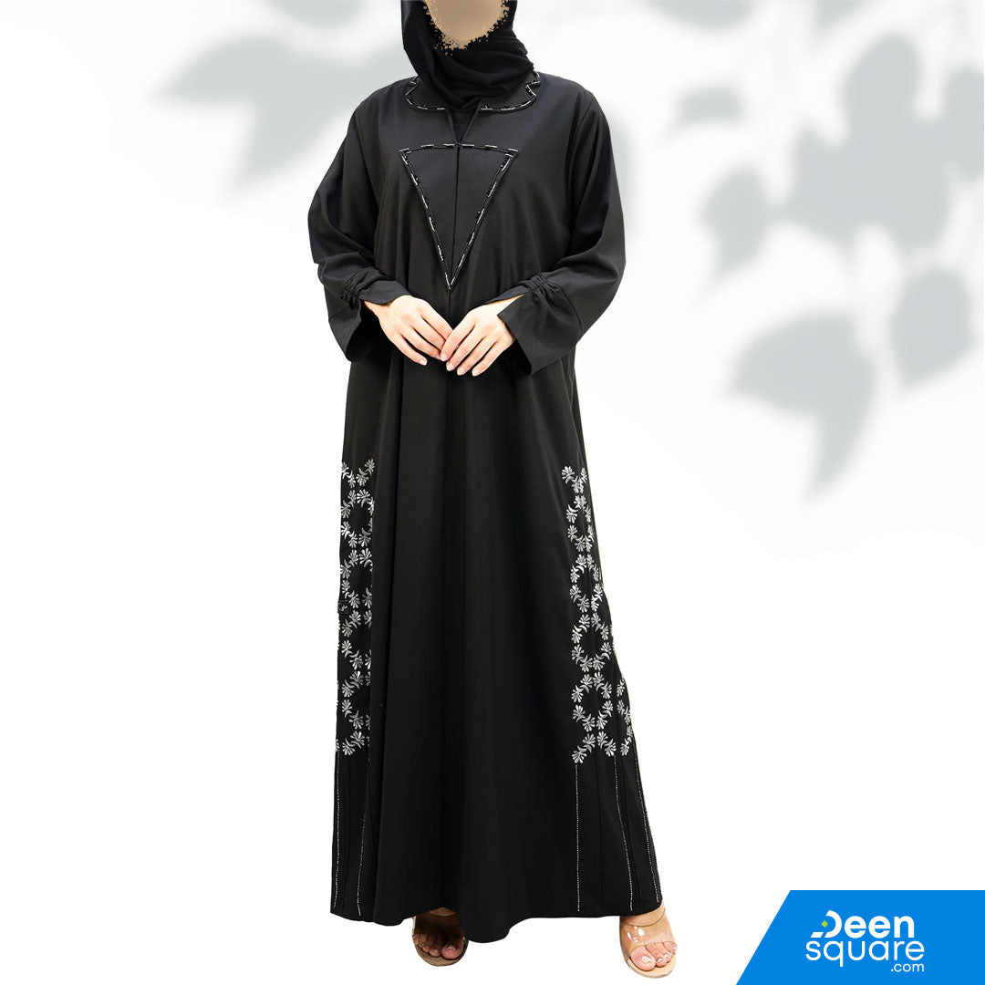 Elegant Coat Style With Beads Abaya (Floral Design) - Black