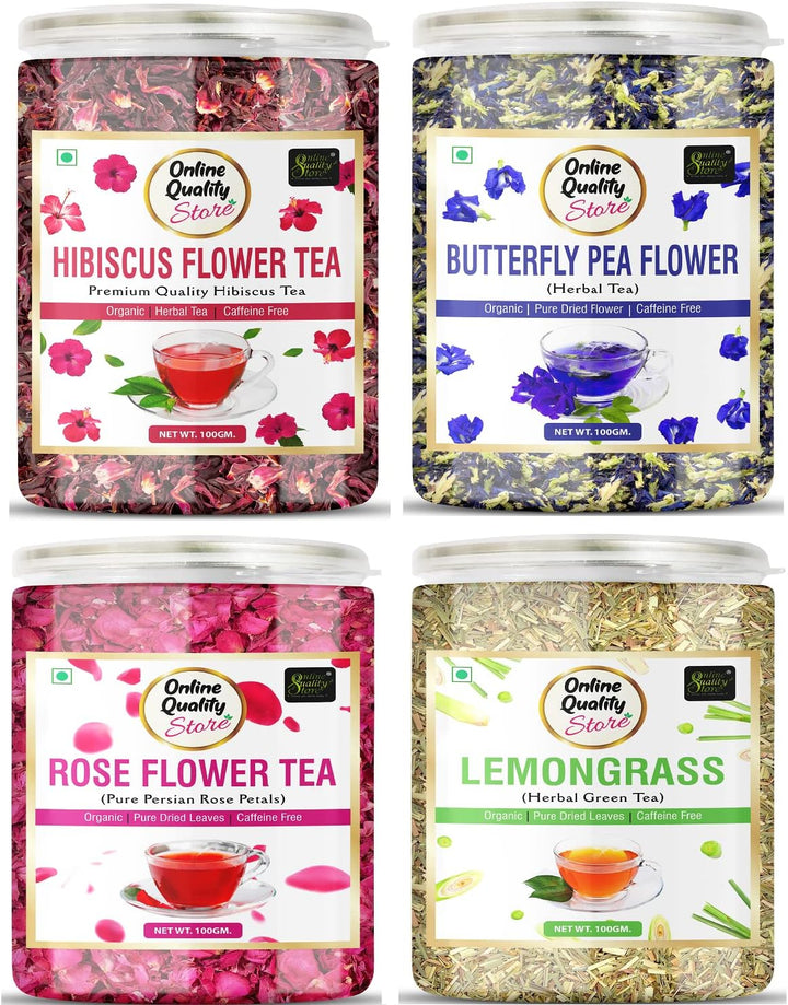 Online Quality Store Organic Herbal Tea Combo 400g (100g x 4 Pack) Hibiscus Butterfly Pea Rose Lemongrass
