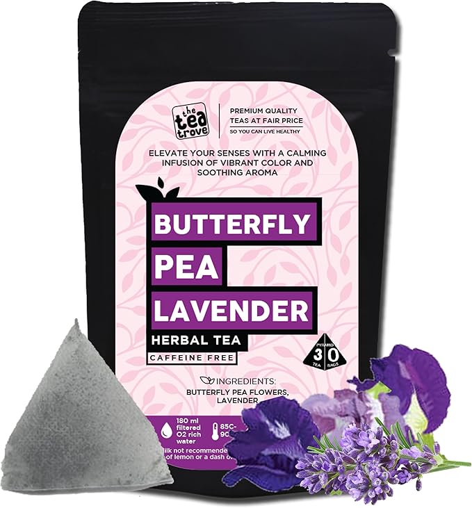 Blue Lavender Herbal Tea – 30 Biodegradable Pyramid Tea Bags Pouch | Caffeine-Free Herbal Infusion