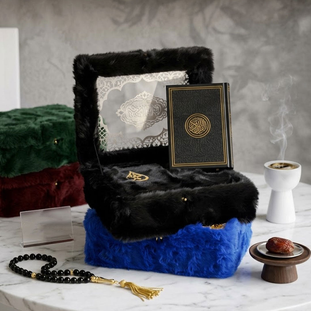Luxury Quran gift box with velvet finish and Rehal stand. Fits 14x20 &amp; 17x24 cm Quran. Perfect Islamic gift for Ramadan, Eid, and special occasions. available at deensquare.com