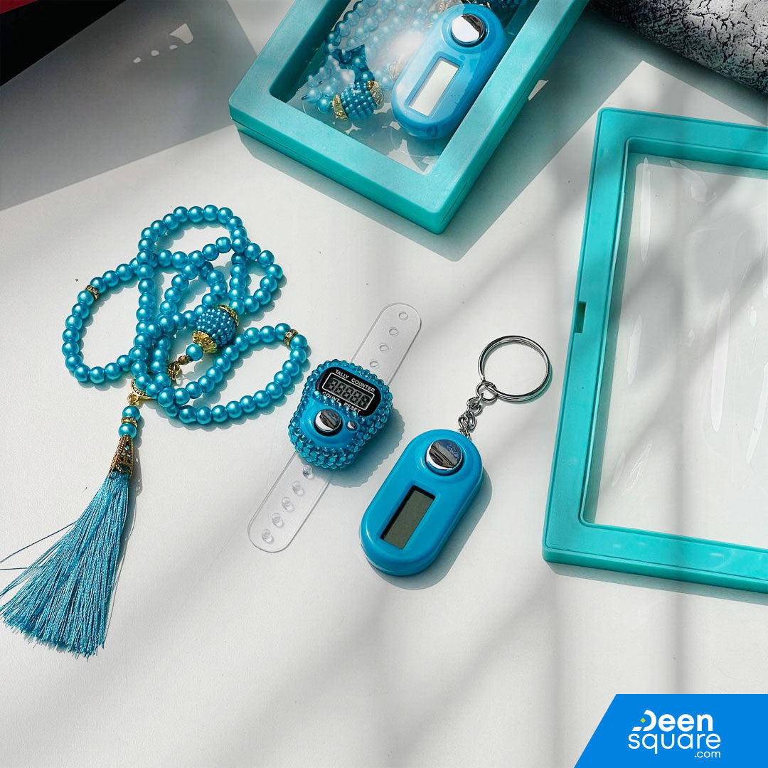 Beautiful Tasbeeh Counter Gift Set – 99 Beads Tasbih with Finger Counter & Keychain