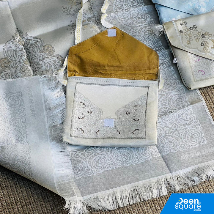 Buy lightweight travel prayer mat with pouch at deensquare.com Dubai | UAE. Made in Syria, compact, foldable musallah ideal for travel, Umrah &amp; Hajj.