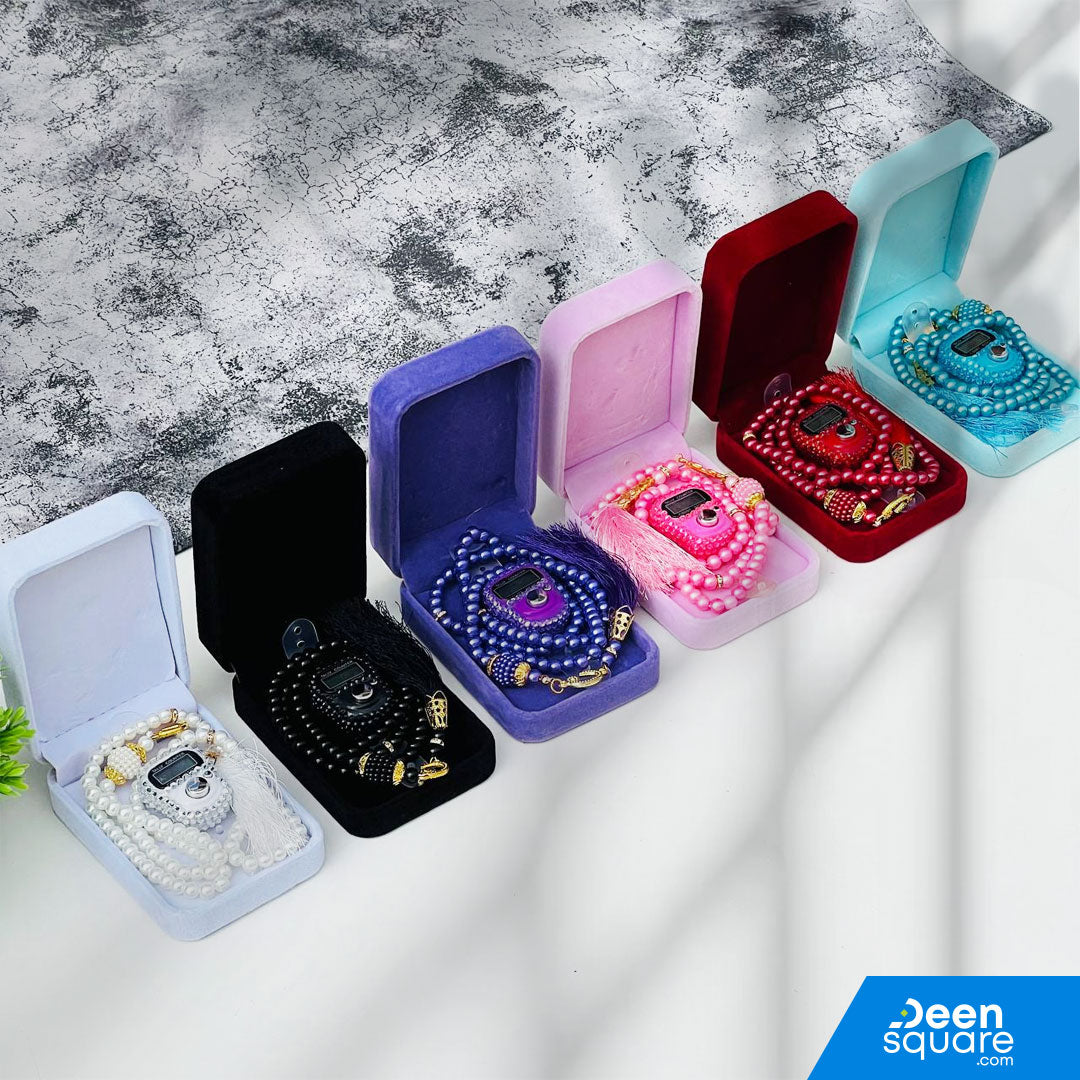 Tasbeeh Counter Gift Set | 99 Beads Pearl Glass Tasbih with Digital Finger Tally & Velvet Box – Name Customizable