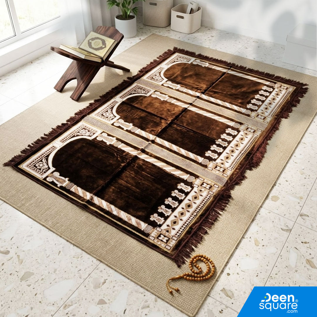 Buy Family Prayer Mat for 3 Person 120x200 cm at deensquare.com Dubai | UAE. Large Turkish prayer mat for family use and daily salah.