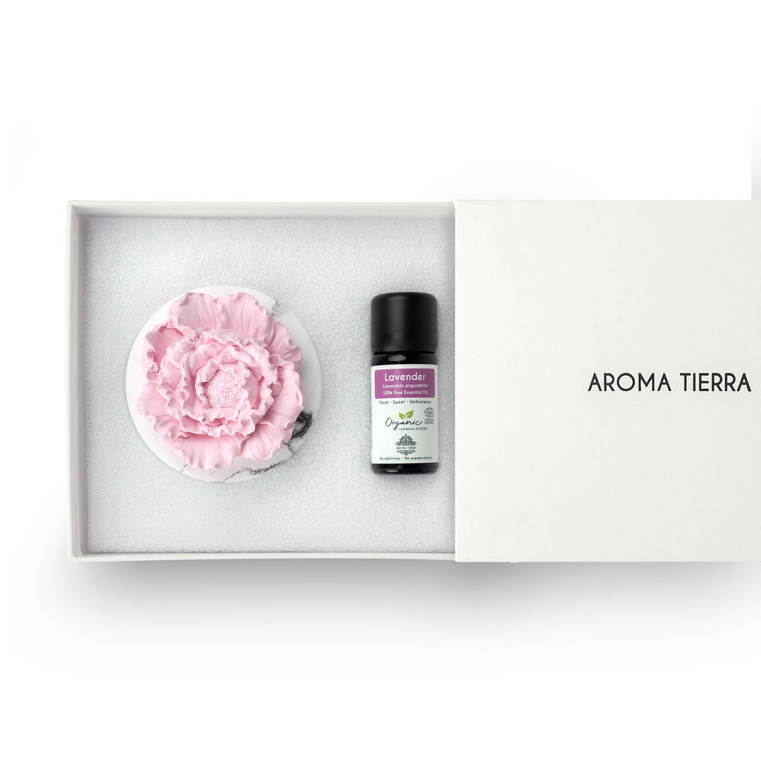 cera flora pink flower ceramic diffuser set with lavender essential oil in gift box