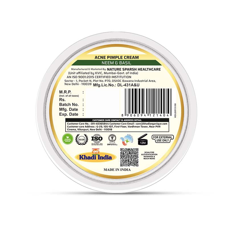 Acne Pimple Cream (Neem & Basil) - Khadi Organique