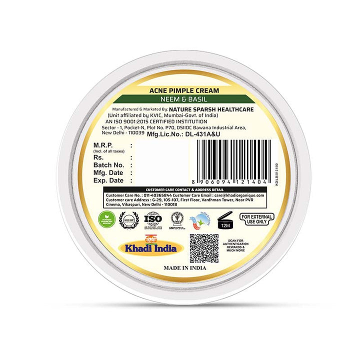 Acne Pimple Cream (Neem & Basil) - Khadi Organique