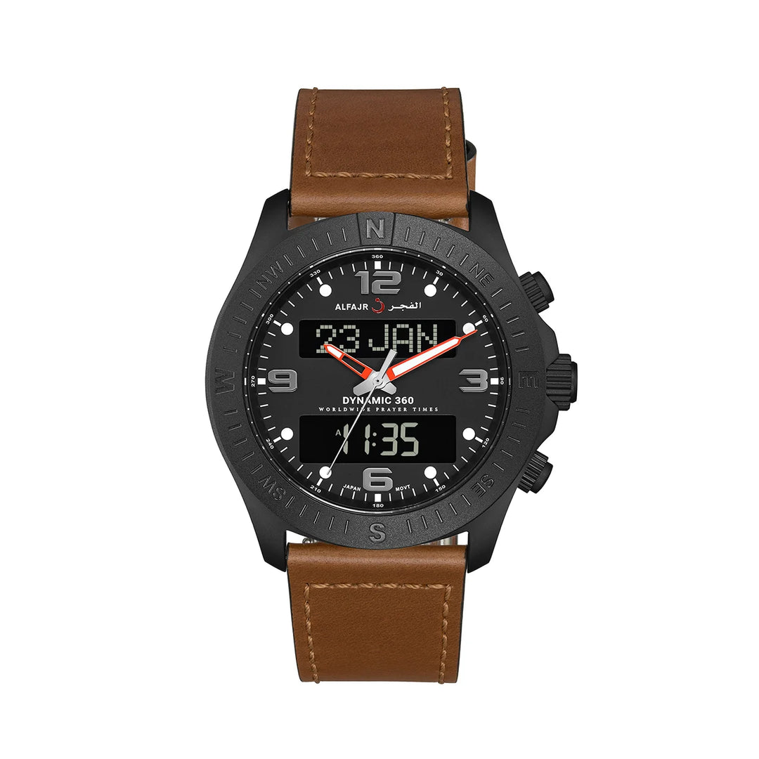 Al Fajr Dynamic 360 Azan Watch Black Dial WH-24 – Brown Leather Strap