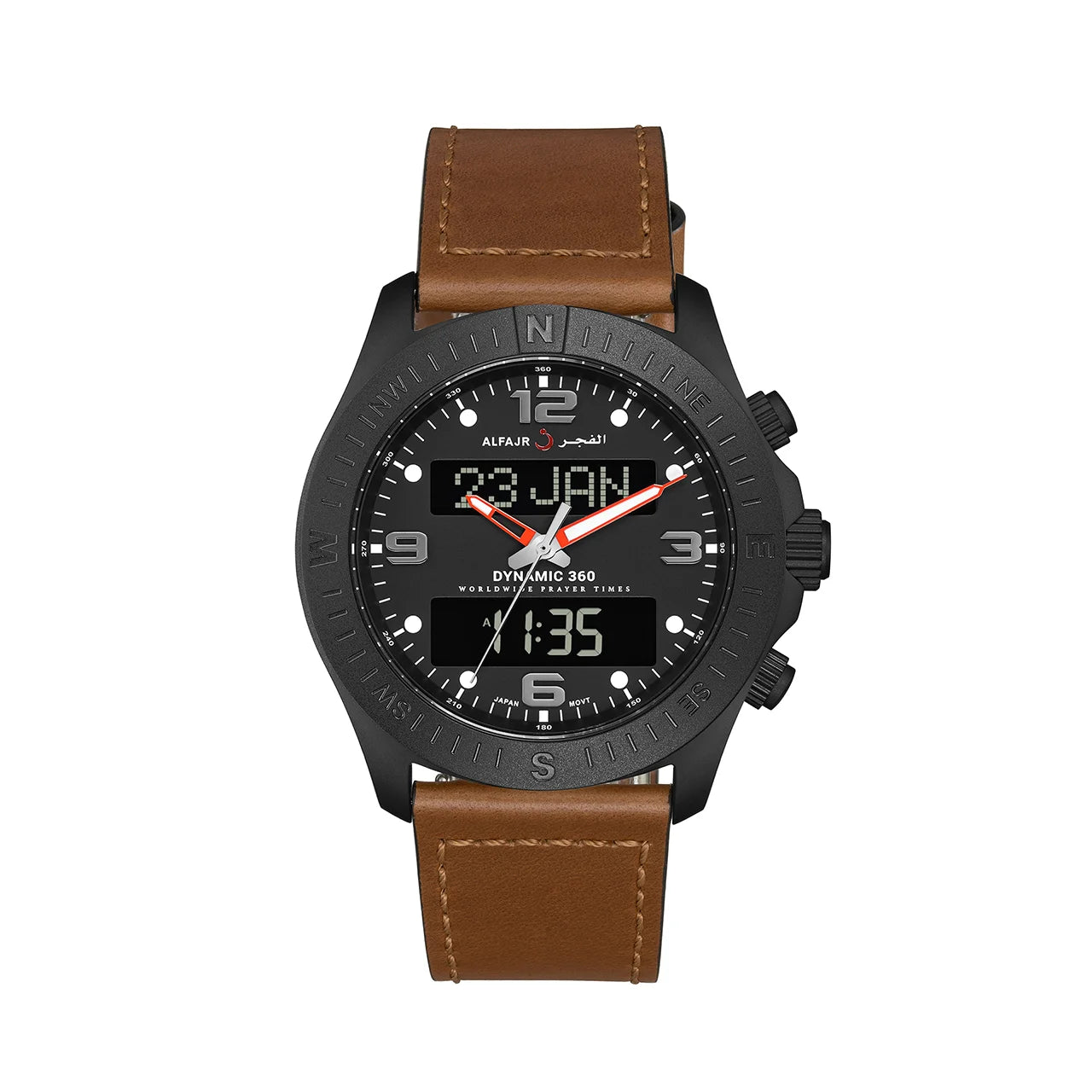 Al Fajr Dynamic 360 Azan Watch Black Dial WH-24 – Brown Leather Strap