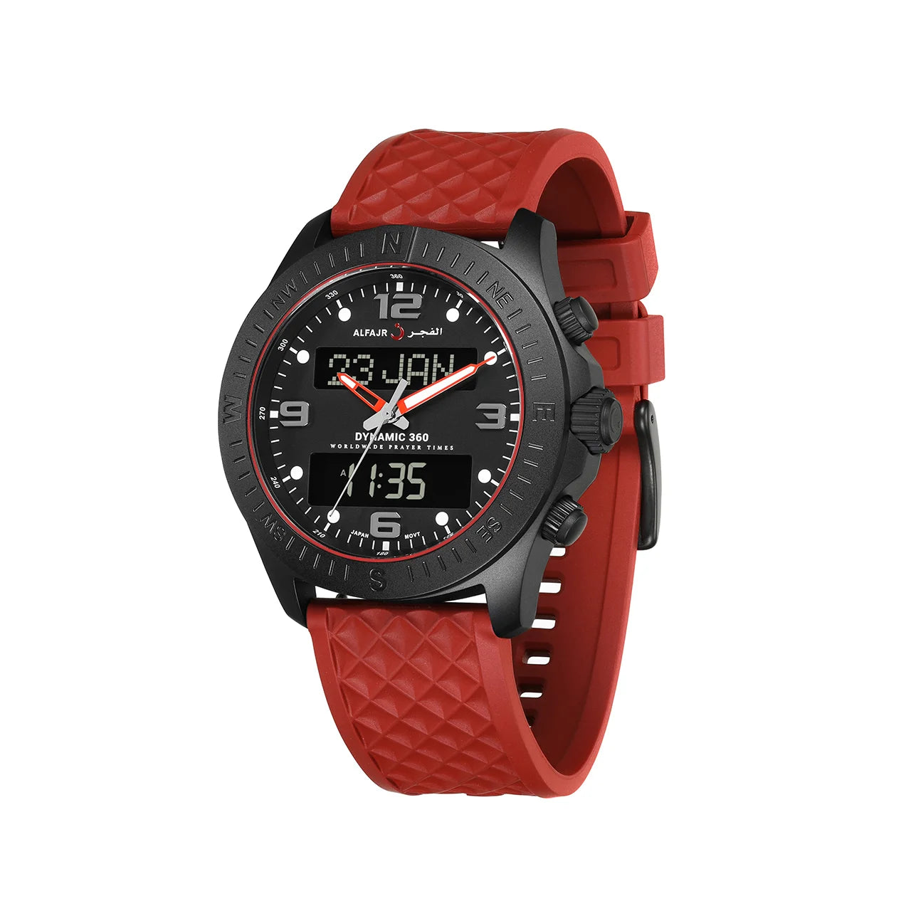 Al Fajr Dynamic 360 Azan Watch Black Dial WH-24 – Red Strap side view