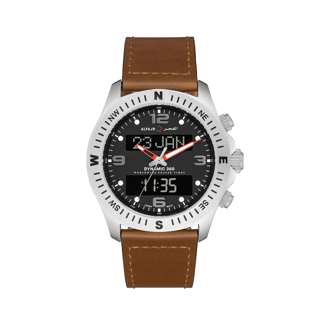 Al Fajr Dynamic 360 Azan Watch Silver Dial WH-24 – Brown Leather Strap
