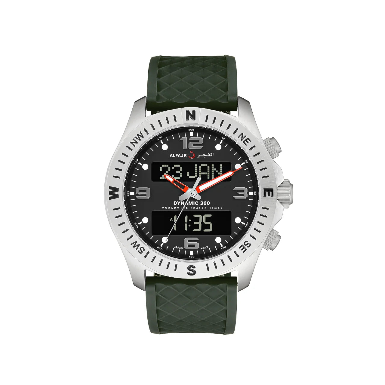 Al Fajr Dynamic 360 Azan Watch Silver Dial WH-24 – Green Strap