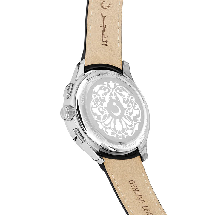 Al Fajr Premier 360 Ladies Leather Wrist Watch - Silver with Black Strap back view
