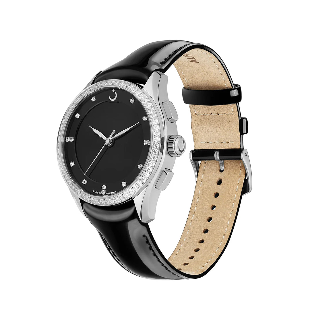 Al Fajr Premier 360 Ladies Leather Wrist Watch - Silver with Black Strap side view