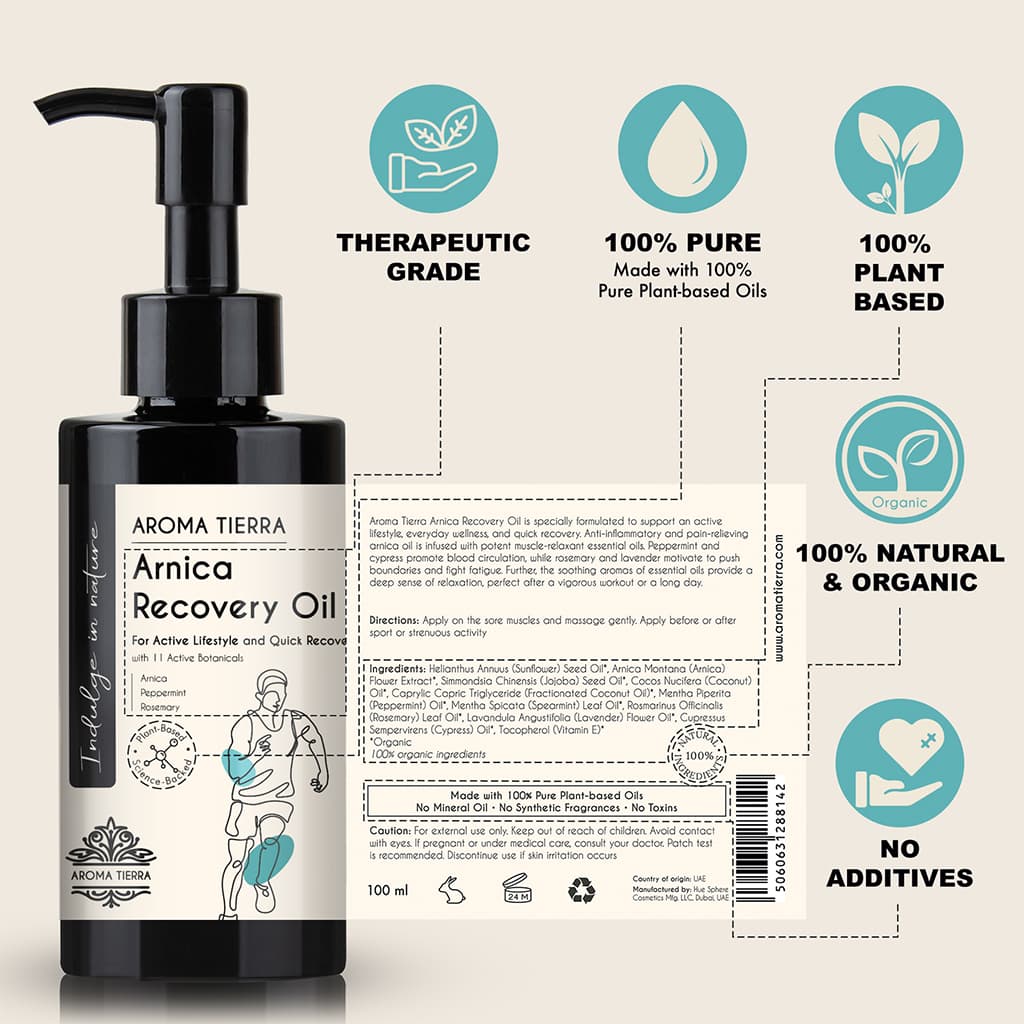 Buy Arnica Recovery Body Oil at deensquare.com Dubai | UAE. With 11 active botanicals for massage, body wellness, relaxation, and post-workout care. 