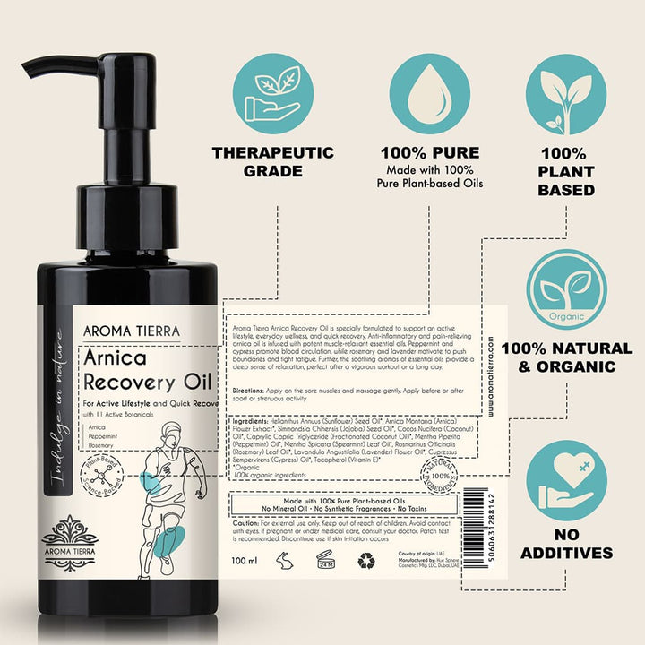 Buy Arnica Recovery Body Oil at deensquare.com Dubai | UAE. With 11 active botanicals for massage, body wellness, relaxation, and post-workout care. 