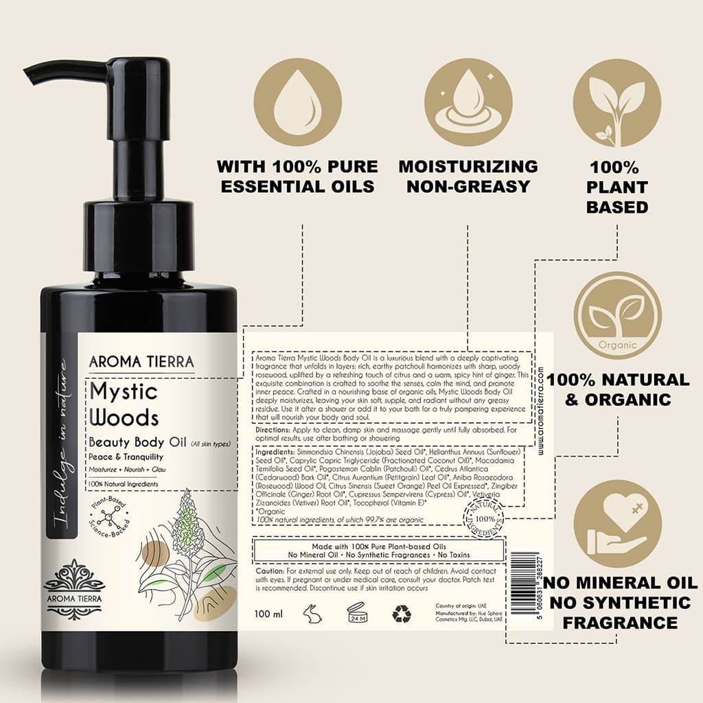 Buy Mystic Woods Body Oil 100ml at deensquare.com Dubai | UAE. Luxurious organic body oil for soft skin, relaxation, and aromatherapy wellness.