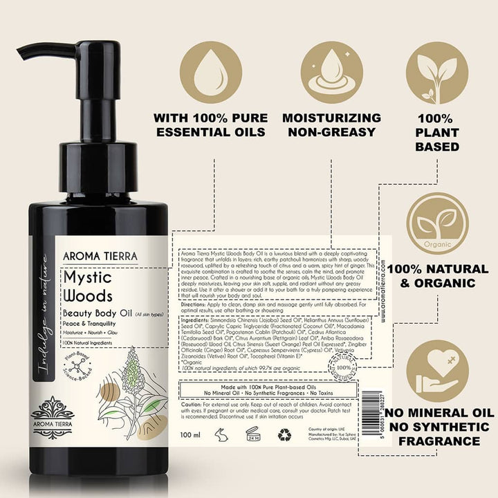 Buy Mystic Woods Body Oil 100ml at deensquare.com Dubai | UAE. Luxurious organic body oil for soft skin, relaxation, and aromatherapy wellness.