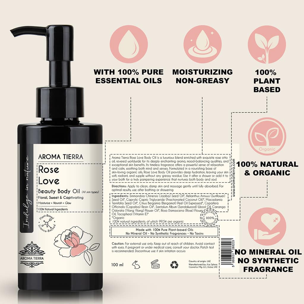 Buy Rose Love Body Oil 100ml at deensquare.com Dubai | UAE. Luxurious rose body oil for soft skin, hydration, relaxation, and wellness care.