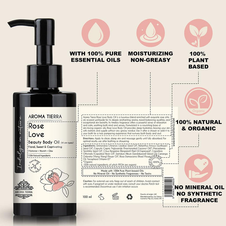Buy Rose Love Body Oil 100ml at deensquare.com Dubai | UAE. Luxurious rose body oil for soft skin, hydration, relaxation, and wellness care.
