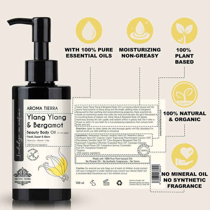 Buy Ylang Ylang &amp; Bergamot Body Oil 100ml at deensquare.com Dubai | UAE. Luxurious floral body oil for soft skin, relaxation, and wellness care.