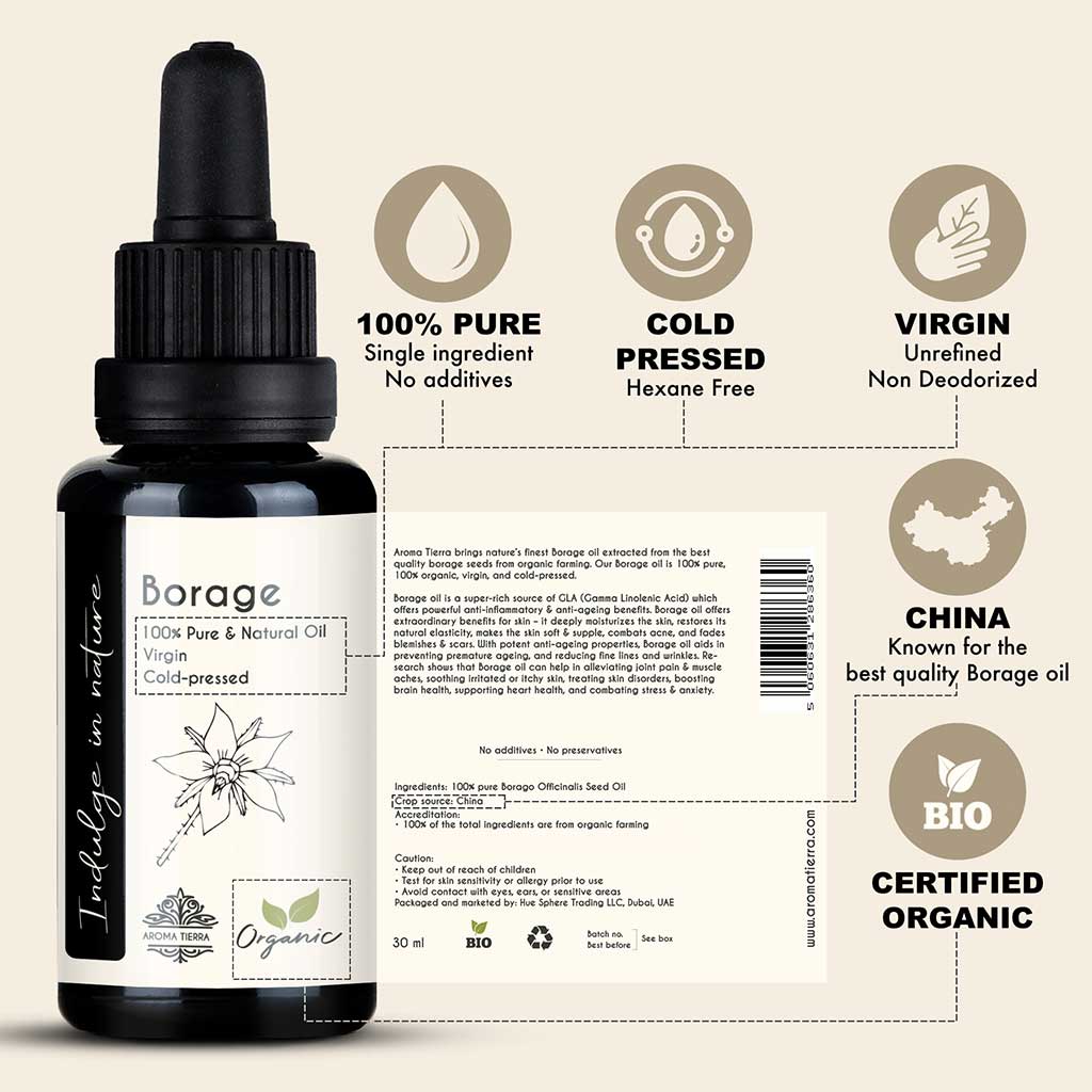 Buy Organic Borage Oil cold-pressed at deensquare.com Dubai | UAE. 100% pure carrier oil for skincare, hydration, and natural wellness use.