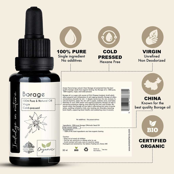 Buy Organic Borage Oil cold-pressed at deensquare.com Dubai | UAE. 100% pure carrier oil for skincare, hydration, and natural wellness use.