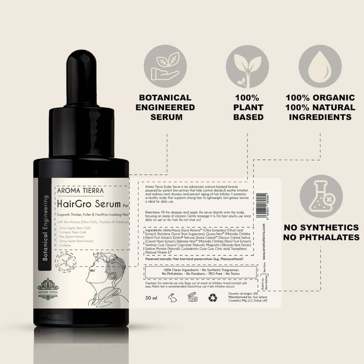 Aroma Tierra HairGro Serum for Men - Clinical Strength Hair Growth Treatment with 9 Bio-Actives