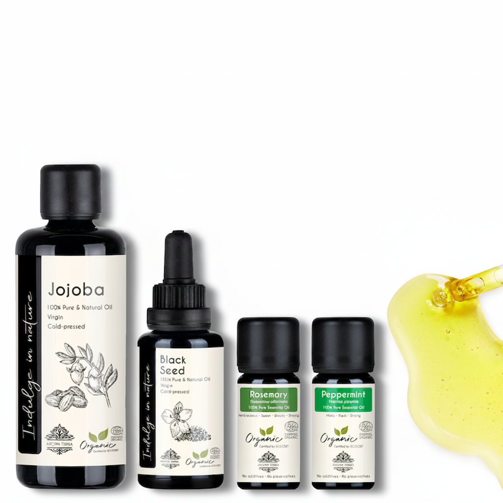Aroma Tierra hair growth set with Jojoba, black seed, peppermint, rosemary essential oils.