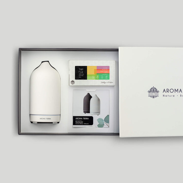 Best gift set white diffuser with organic essential oils, lavender, peppermint, lemongrass, sweet orange, lemon
