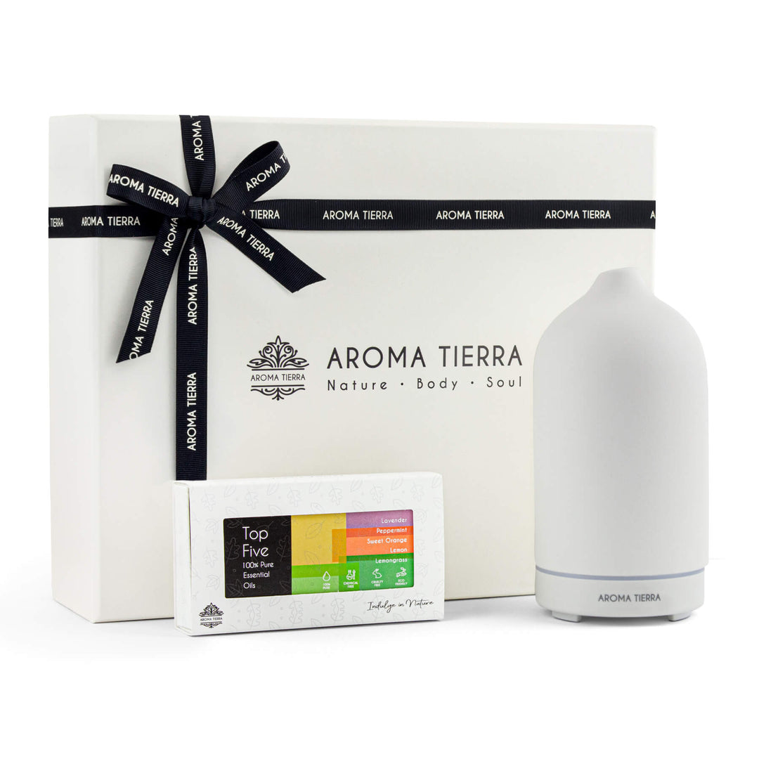 Aroma Tierra Santorini Dawn Ceramic Diffuser Gift Set with Top 5 Organic Essentials Oils.
