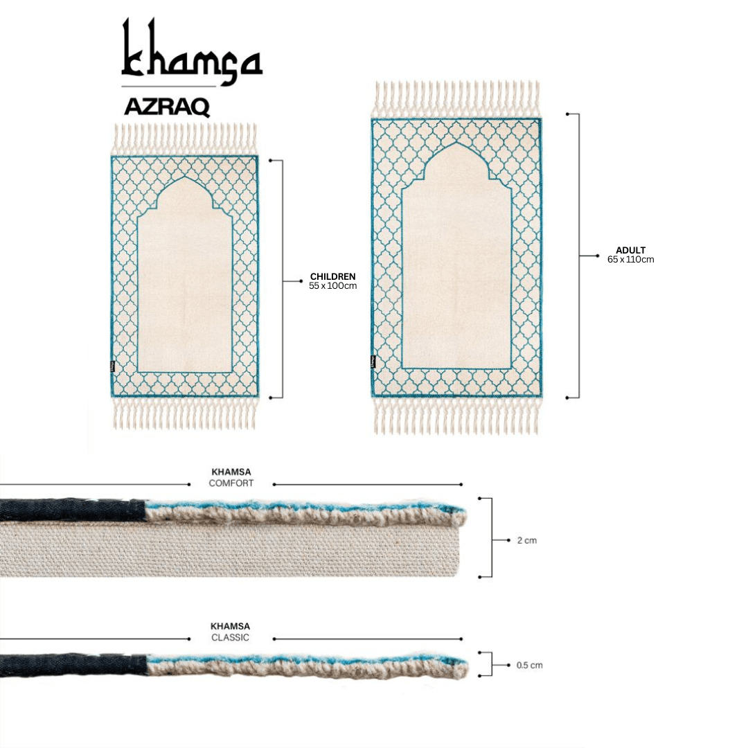 Khamsa Comfort | Muslim Prayer Rug Prayer Mat with Added Foam Padding for Pressure Relief and Motion Absorption Children Size 55 cm x 100 cm Arabic Style Janamaz in 100% Soft Organic Cotton Fabric Handcrafted Arabic Design | Azraq - Blue