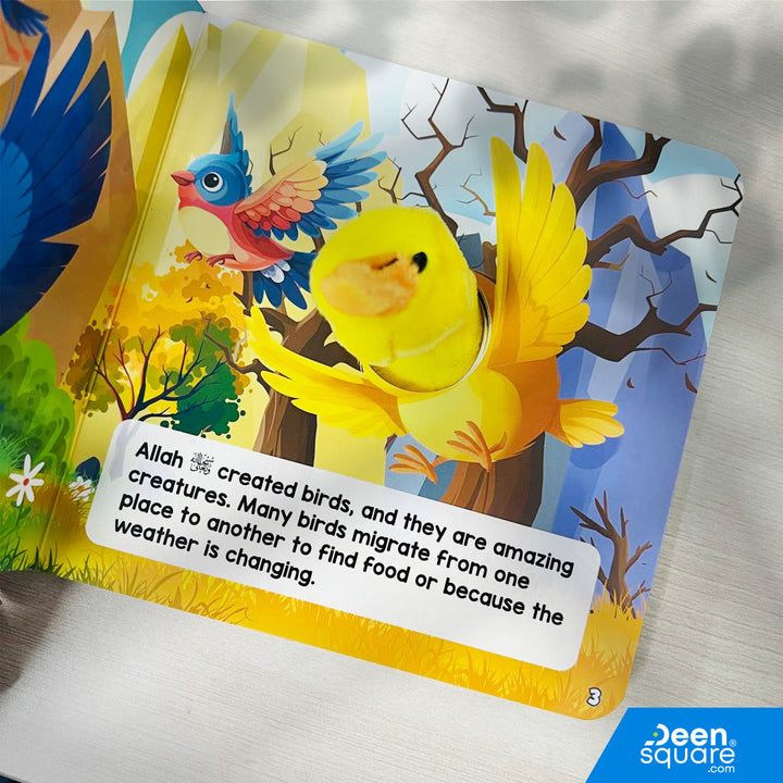 Islamic kids board book about birds from the Quran based on Surah Mulk. Perfect for age 3+, simple, durable and engaging early learning book.